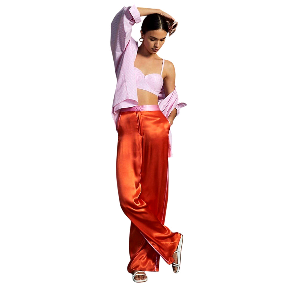 COREY LYNN CALTER Sam Pants Size Small Bright Orange Pink Trim Satin Wide-Leg